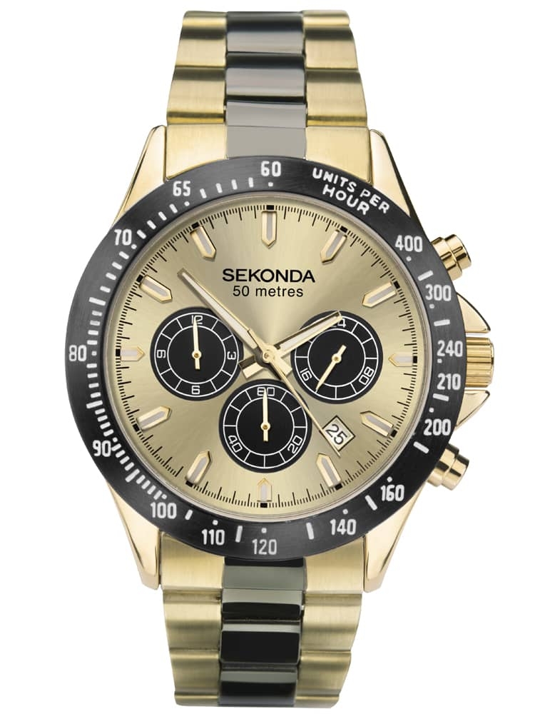 Sekonda Mens Classic Gold Dual-Time Dial Gold Plated Bracelet Watch 1650